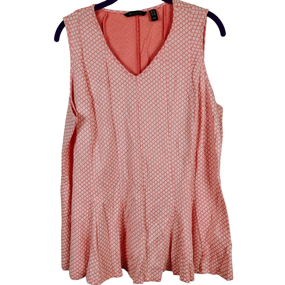 H by Halston Womens 1X Sleeveless V-Neck Top Coral Lattice Textured Modern